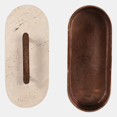 22779#12x6" Travertine & Antique Brass Oval Box, Tan/bro