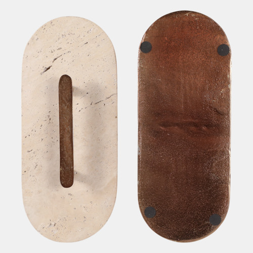 22779#12x6" Travertine & Antique Brass Oval Box, Tan/bro