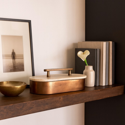 22779#12x6" Travertine & Antique Brass Oval Box, Tan/bro