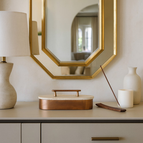 22779#12x6" Travertine & Antique Brass Oval Box, Tan/bro