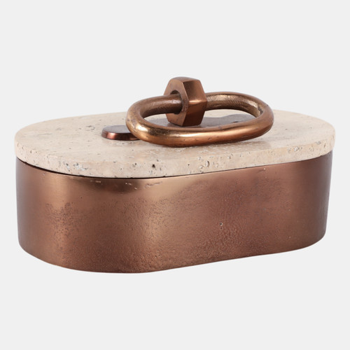 22780#8x5" Travertine & Antique Brass Oval Box, Tan/bron