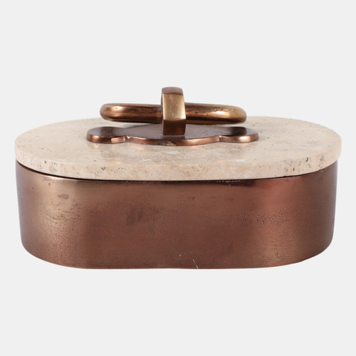 22780#8x5" Travertine & Antique Brass Oval Box, Tan/bron