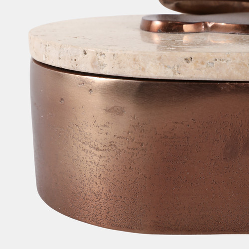 22780#8x5" Travertine & Antique Brass Oval Box, Tan/bron