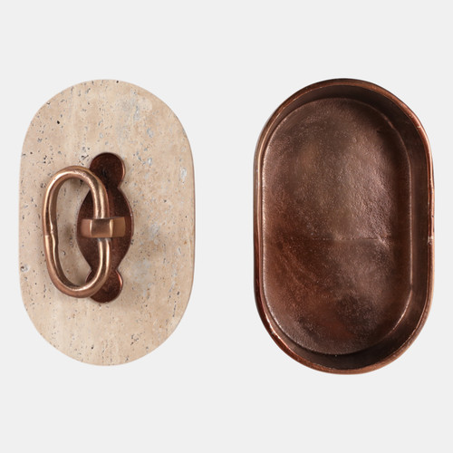 22780#8x5" Travertine & Antique Brass Oval Box, Tan/bron