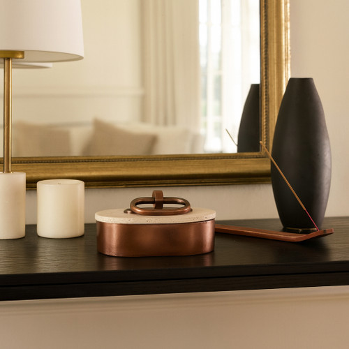 22780#8x5" Travertine & Antique Brass Oval Box, Tan/bron