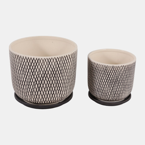 16116-05#S/2 6/8" Mesh Look Saucer Planters, Tan/black