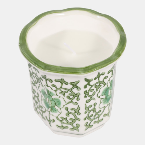 80300-01#4", 6oz Fluted Chinoiserie Candle, Green/white