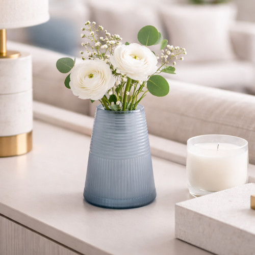 22904-01#8x6" Etched Lines Tapered Glass Vase, Blue