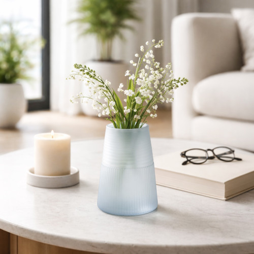 22904-01#8x6" Etched Lines Tapered Glass Vase, Blue