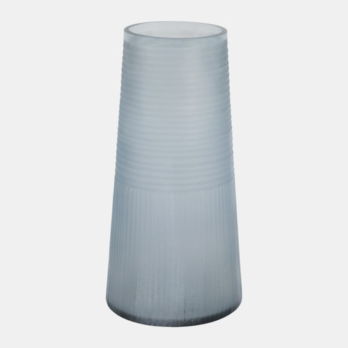 22904-02#12x6" Etched Lines Tapered Glass Vase, Blue