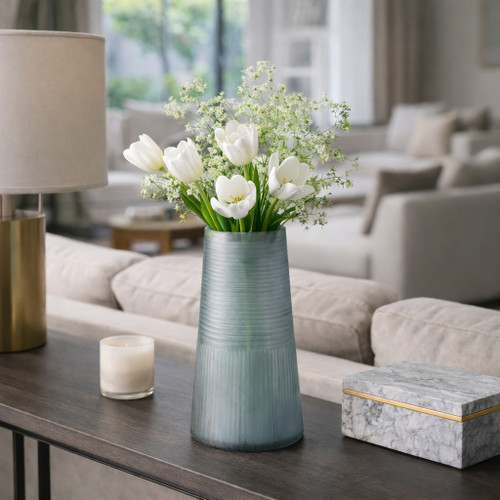 22904-02#12x6" Etched Lines Tapered Glass Vase, Blue