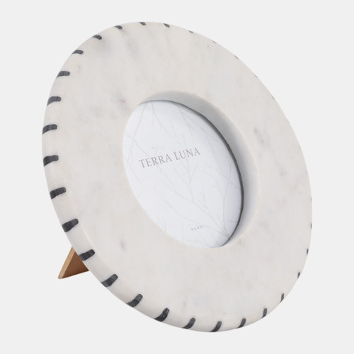 22909#4x4" Round Marble Frame With Inlay, White/black