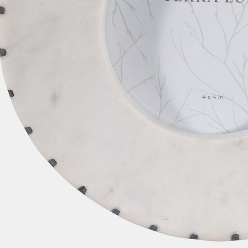 22909#4x4" Round Marble Frame With Inlay, White/black