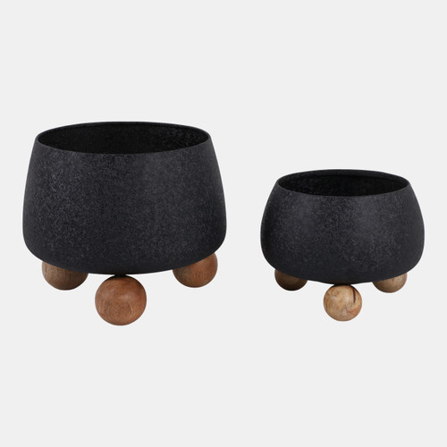 20400-03#S/2 9/11" Round Planters Wood Ball Feet, Black/nat
