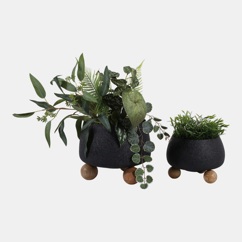 20400-03#S/2 9/11" Round Planters Wood Ball Feet, Black/nat