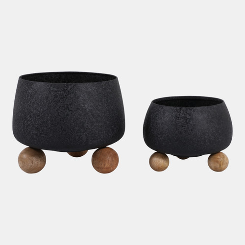 20400-03#S/2 9/11" Round Planters Wood Ball Feet, Black/nat