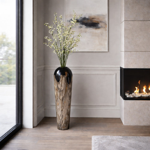 22915-01#30x9" Marbled Enamel Floor Vase, Tan/black