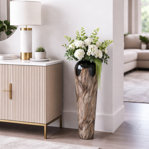 22915-01#30x9" Marbled Enamel Floor Vase, Tan/black