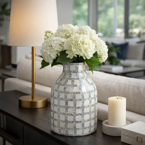 22934-01#12x8" Capiz Plaid Vase, Ivory Multi