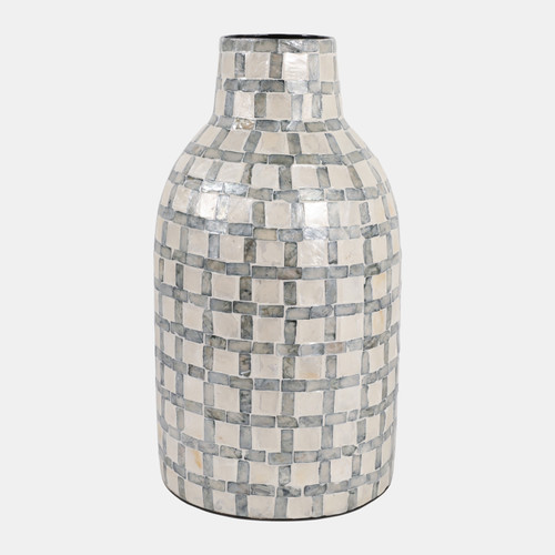 22934-02#15x9" Capiz Plaid Vase, Ivory Multi