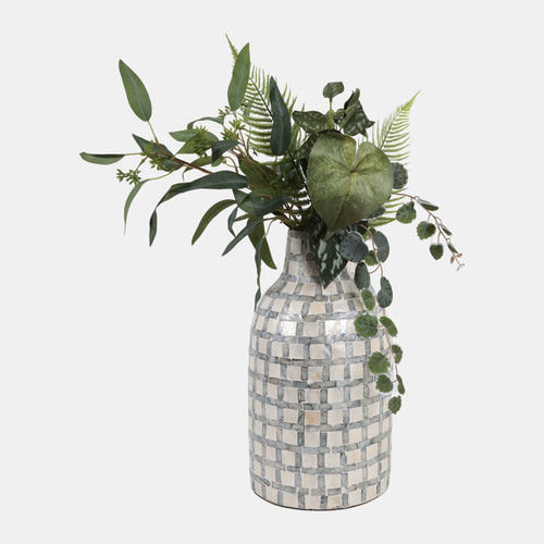 22934-02#15x9" Capiz Plaid Vase, Ivory Multi