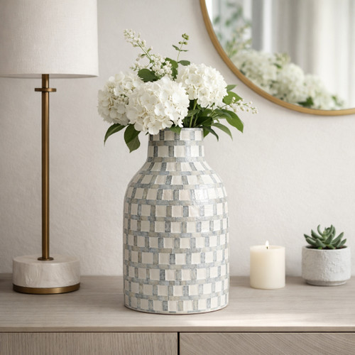 22934-02#15x9" Capiz Plaid Vase, Ivory Multi