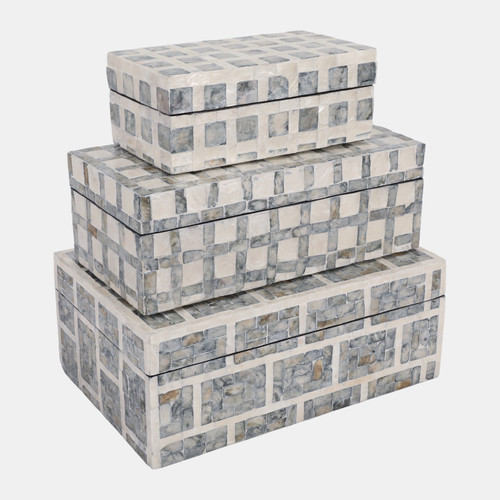 22935#S/3 8/11/12" Capiz Assorted Plaid Boxes, Ivory Mul