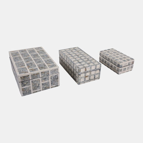 22935#S/3 8/11/12" Capiz Assorted Plaid Boxes, Ivory Mul