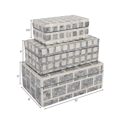 22935#S/3 8/11/12" Capiz Assorted Plaid Boxes, Ivory Mul