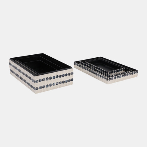 22938#S/3 8/11/12" Capiz Dots Boxes, Ivory/blue