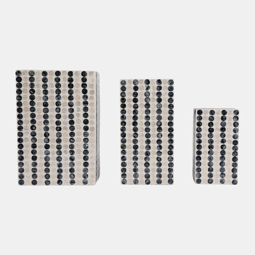 22938#S/3 8/11/12" Capiz Dots Boxes, Ivory/blue