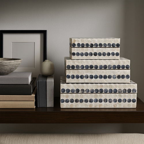 22938#S/3 8/11/12" Capiz Dots Boxes, Ivory/blue