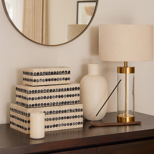 22938#S/3 8/11/12" Capiz Dots Boxes, Ivory/blue