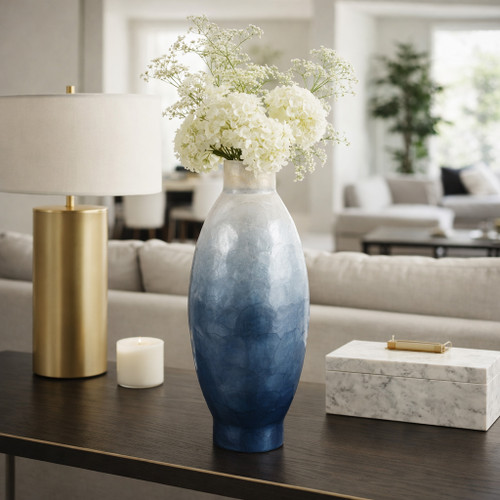 22939-01#20x9" Ombre Capiz Vase, Ivory/blue