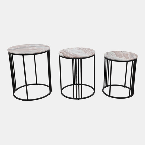 22945#S/3 20/22/24" Marble On Metal Side Tables,brn/blk 