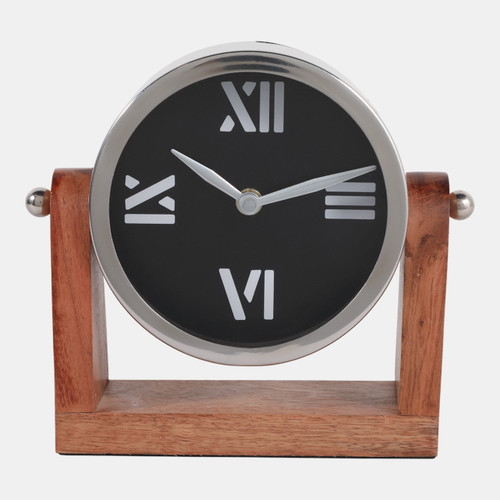 23020-01#7x7" Clock On Wood Base, Natural/silver