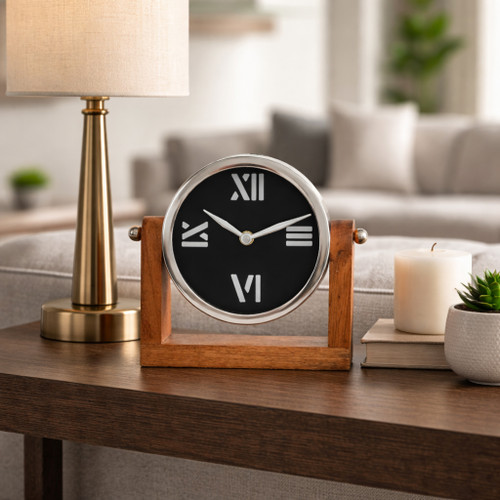 23020-01#7x7" Clock On Wood Base, Natural/silver