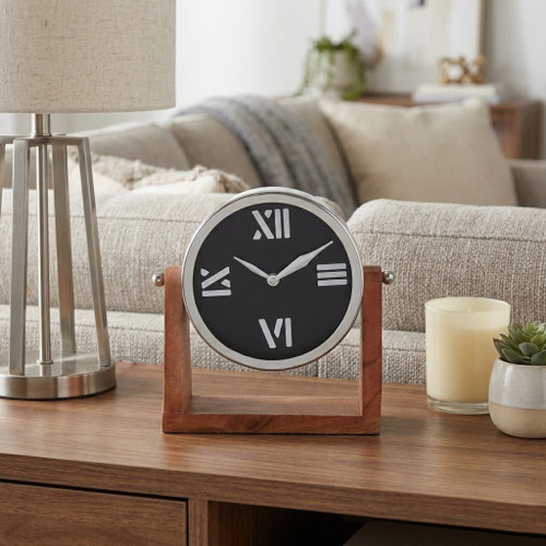 23020-02#9x8" Clock On Wood Base, Natural/silver