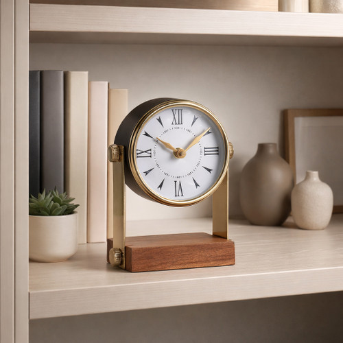 23021-01#7x5" Round Clock On Wood Base, Multi