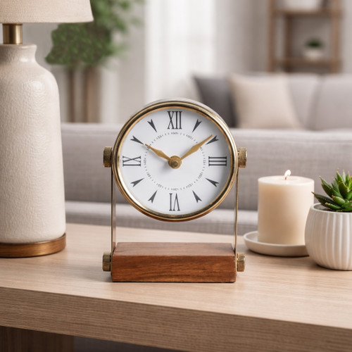 23021-01#7x5" Round Clock On Wood Base, Multi