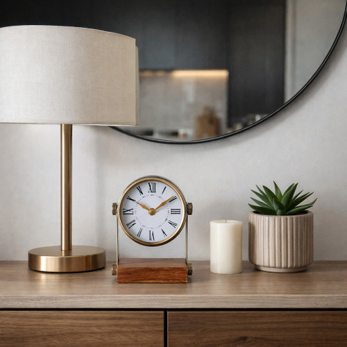 23021-01#7x5" Round Clock On Wood Base, Multi