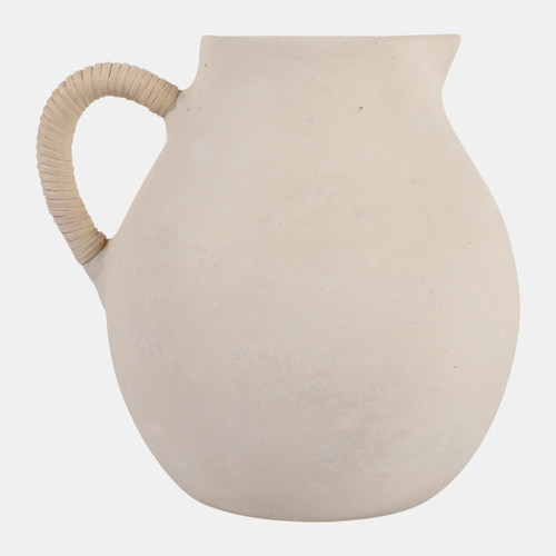 23029-03#12x12" Paper Mache Jug W/ Rattan Handle, Ivory
