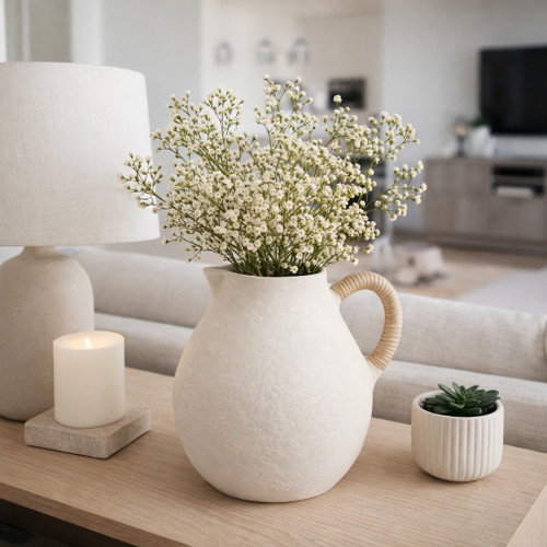 23029-03#12x12" Paper Mache Jug W/ Rattan Handle, Ivory