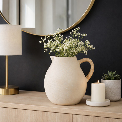 23029-03#12x12" Paper Mache Jug W/ Rattan Handle, Ivory