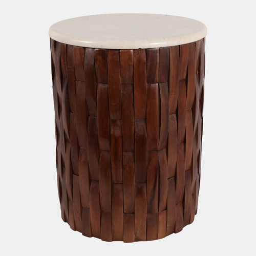 23043#19x14" Woven Teak Base Accent Table, Ivory/brown