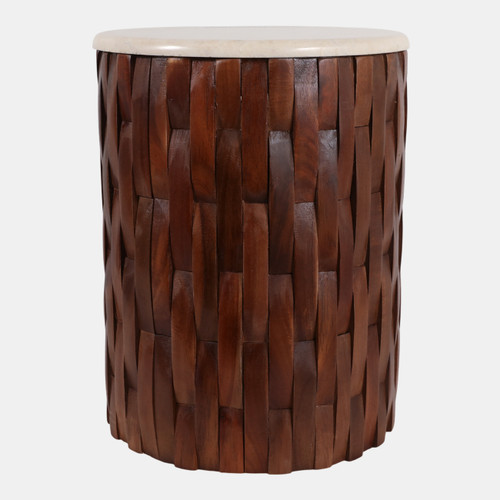 23043#19x14" Woven Teak Base Accent Table, Ivory/brown