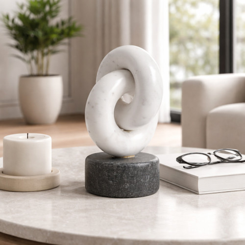 23051#9x5" Marble Link Sculpture, White/gray
