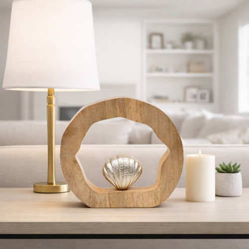 23072-02#10x10" Seashell In Wood Round, Silver/natural