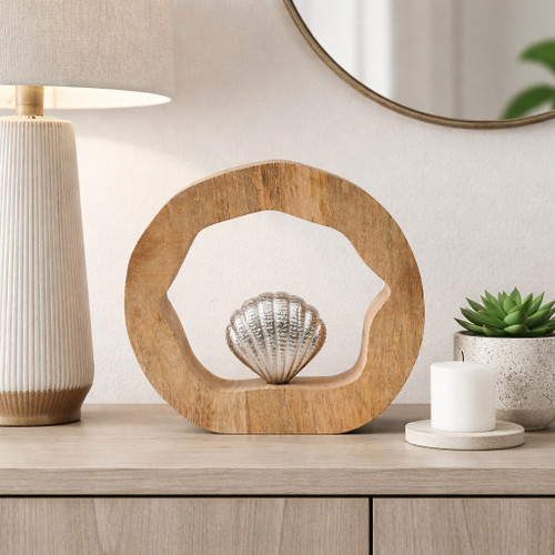 23072-02#10x10" Seashell In Wood Round, Silver/natural