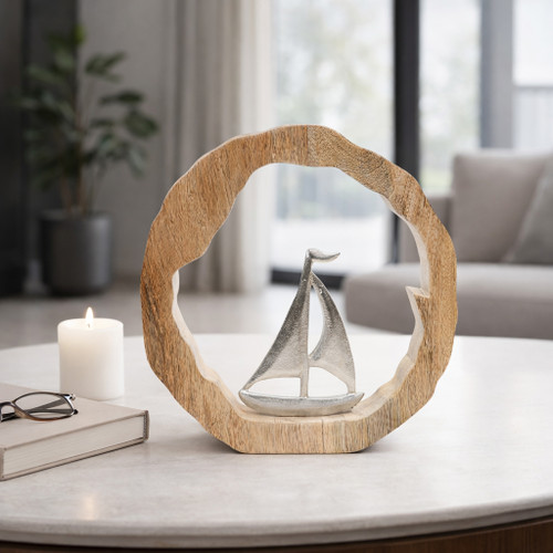 23072-04#11x11" Sailboat In Wood Round, Silver/natural